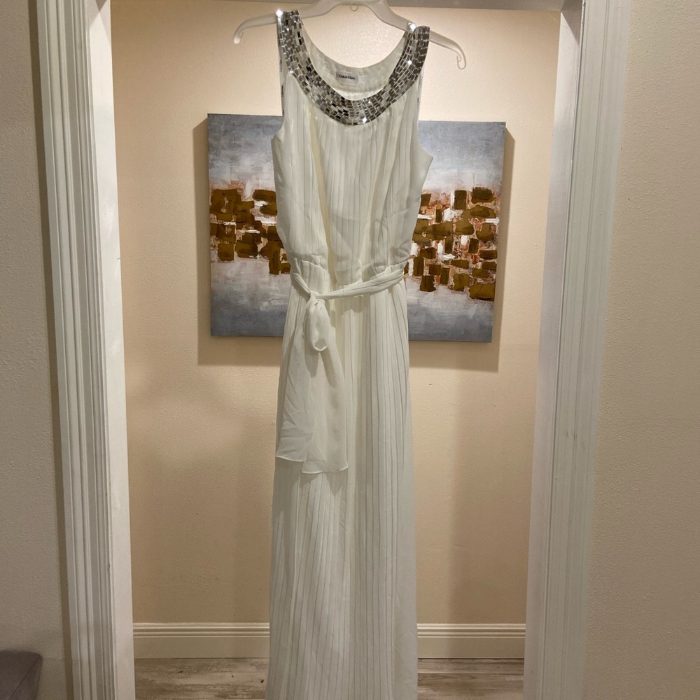 Calvin Klein White Maxi Dress with Silver Accents